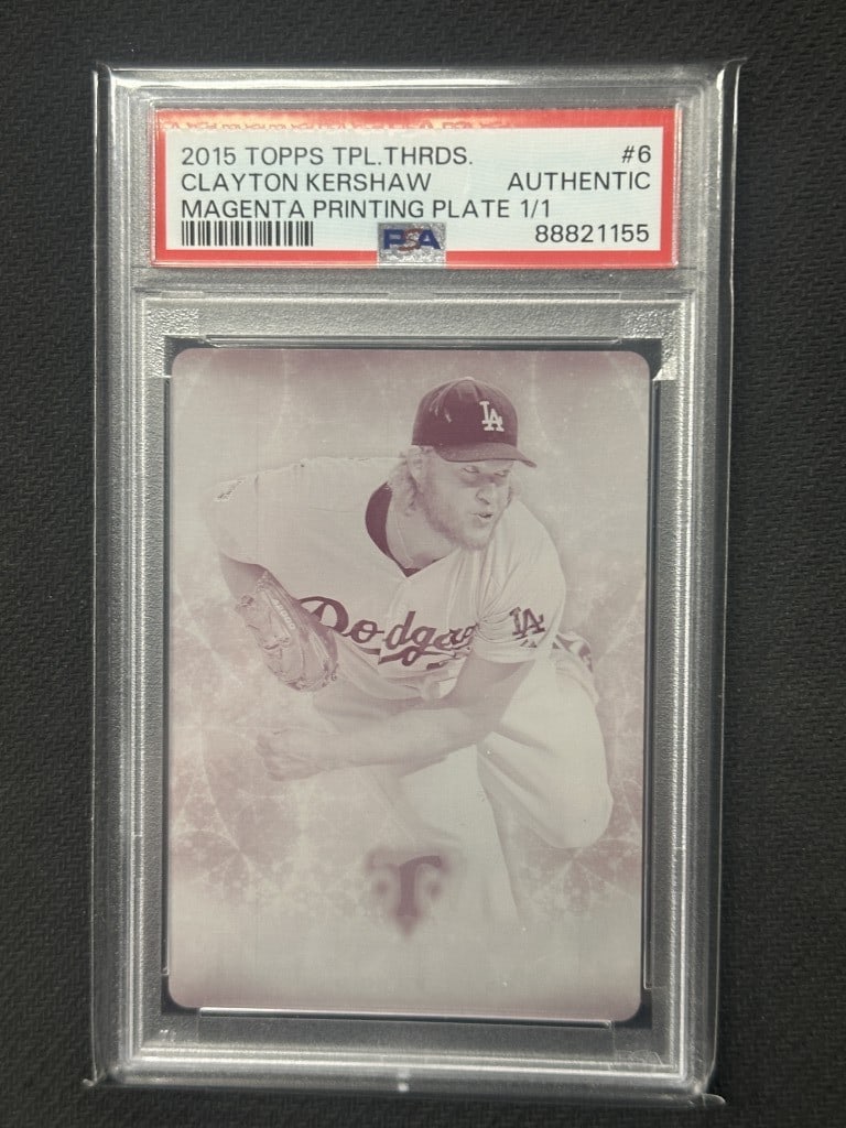 Clayton Kershaw 2015 Triple Threads Magenta Printing Plate 1/1 PSA Authentic: Clayton Kershaw 2015 Triple Threads Magenta Printing Plate 1/1 PSA Authentic This is a rare Clayton Kershaw 2015 Triple Threads Magenta Printing Plate Baseball Card, designated as Card Number #6. As a