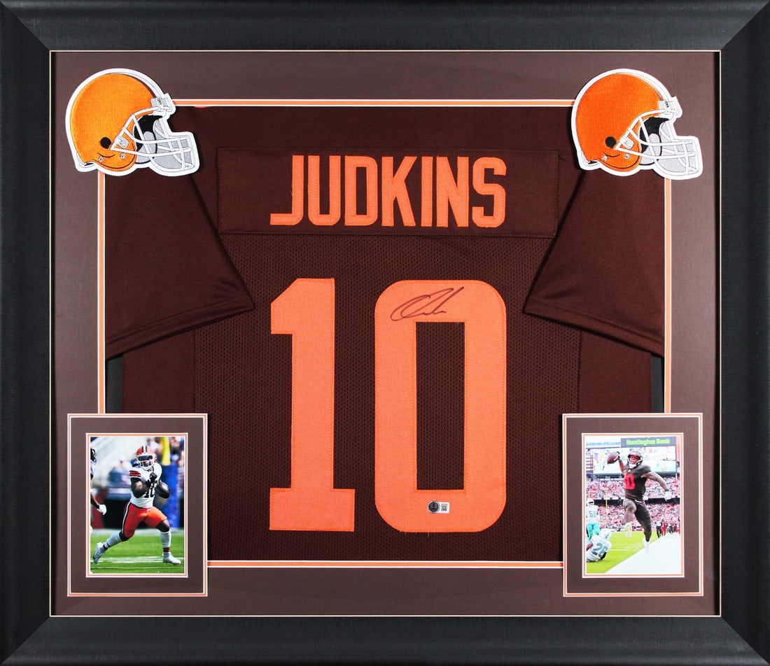 Quinshon Judkins Signed Pro Style Framed Jersey Cleveland Browns BAS Witnessed: Quinshon Judkins Signed Pro Style Framed Jersey Cleveland Browns BAS Witnessed Celebrate your love for the Cleveland Browns with this authentic, signed Brown Color Rush Pro Style Framed Jersey by Quin