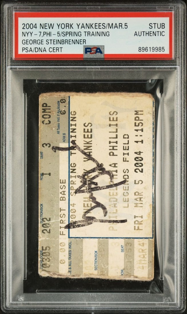 George Steinbrenner Autographed Ticket Stub PSA/DNA New York Yankees: George Steinbrenner Autographed Ticket Stub PSA/DNA New York Yankees This is an original Major League Baseball ticket stub from a game featuring the New York Yankees against the Philadelphia Phillies.