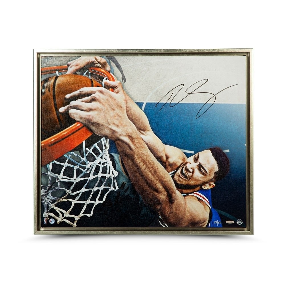 Ben Simmons Autographed 20x24 Limited Canvas 76ers #/50: Ben Simmons Autographed 20x24 Limited Canvas 76ers #/50 This remarkable 20X24 framed canvas features an iconic image of Ben Simmons, a standout player for the Philadelphia 76ers. Each piece is an orig