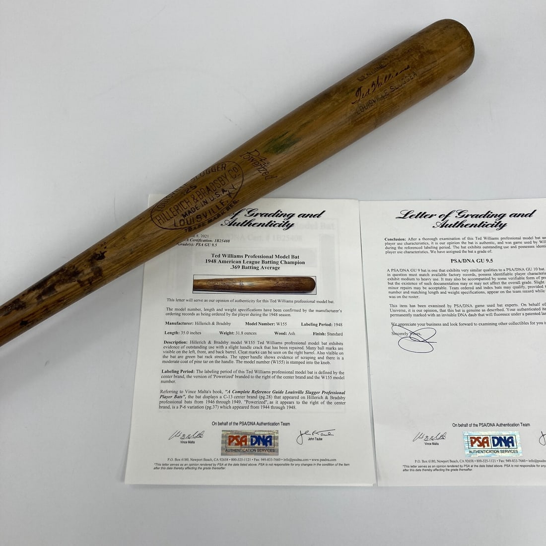 1948 Ted Williams Game Used Louisville Slugger Bat PSA/DNA GU 9.5 Red Sox: 1948 Ted Williams Game Used Louisville Slugger Bat PSA/DNA GU 9.5 Red Sox This is a remarkable 1948 Ted Williams game-used Louisville Slugger bat, graded GU 9.5 by PSA/DNA, showcasing the legacy of on