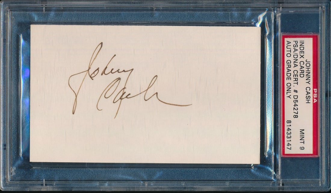 Signed 3x5 Index Card by Johnny Cash Authenticated by PSA/DNA: Signed 3x5 Index Card by Johnny Cash Authenticated by PSA/DNA This is an original 3x5 index card autographed by Johnny Cash. The autograph has been authenticated and encapsulated by PSA/DNA in a tampe