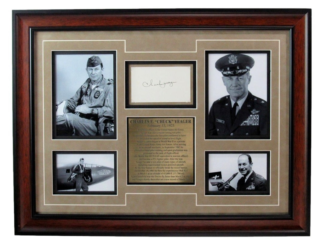 Framed Chuck Yeager Autographed 3x5 Card with Photo Collage Display: Framed Chuck Yeager Autographed 3x5 Card with Photo Collage Display This item features an original 3x5 index card signed by Chuck Yeager, professionally framed alongside a photo collage. The entire pi