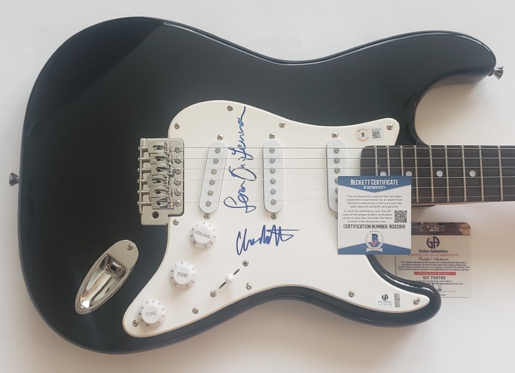 Sean Lennon Charlotte Kempnuhl Signed Electric Guitar Beckett Authenticated: Sean Lennon Charlotte Kempnuhl Signed Electric Guitar Beckett Authenticated This is an original electric guitar signed by Sean Lennon and Charlotte Kempnuhl, featuring Beckett Autograph Authentication