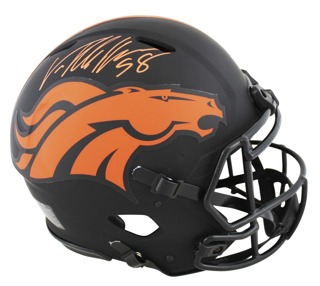 Von Miller Signed Denver Broncos Eclipse Full Size Helmet JSA Authenticated: Von Miller Signed Denver Broncos Eclipse Full Size Helmet JSA Authenticated This authentic full-size speed Proline helmet features the signature of Von Miller, a celebrated player from the Denver Bron