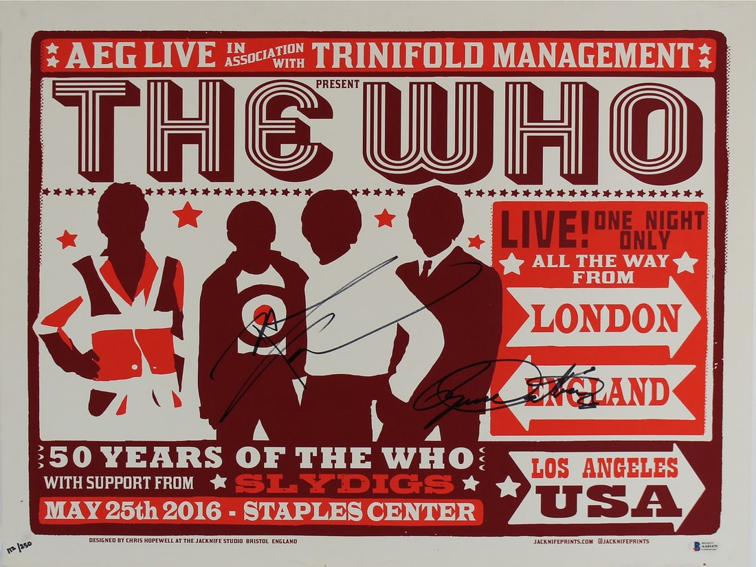 The Who Limited Edition Signed Concert Poster 19.5x23.25 COA Beckett: The Who Limited Edition Signed Concert Poster 19.5x23.25 COA Beckett Celebrate The Who with this striking Limited Edition concert poster, measuring 19.5x23.25 inches. Personally signed by legendary me