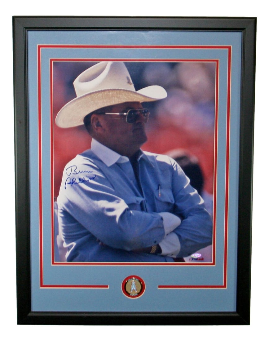 Bum Phillips Signed 16x20 Framed Photo Houston Oilers TRISTAR: Bum Phillips Signed 16x20 Framed Photo Houston Oilers TRISTAR This is a framed 16x20 photo of Bum Phillips, the legendary football coach known for his time with the Houston Oilers. The photo is signed