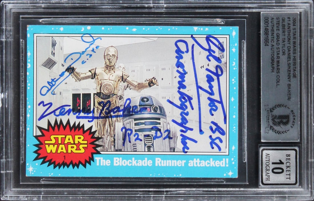 Star Wars Heritage Card Signed by Daniels Baker Taylor Beckett Slabbed Auto 10: Star Wars Heritage Card Signed by Daniels Baker Taylor Beckett Slabbed Auto 10 This is an original 2004 Star Wars Heritage #1 trading card featuring signatures from Anthony Daniels, Kenny Baker, and G
