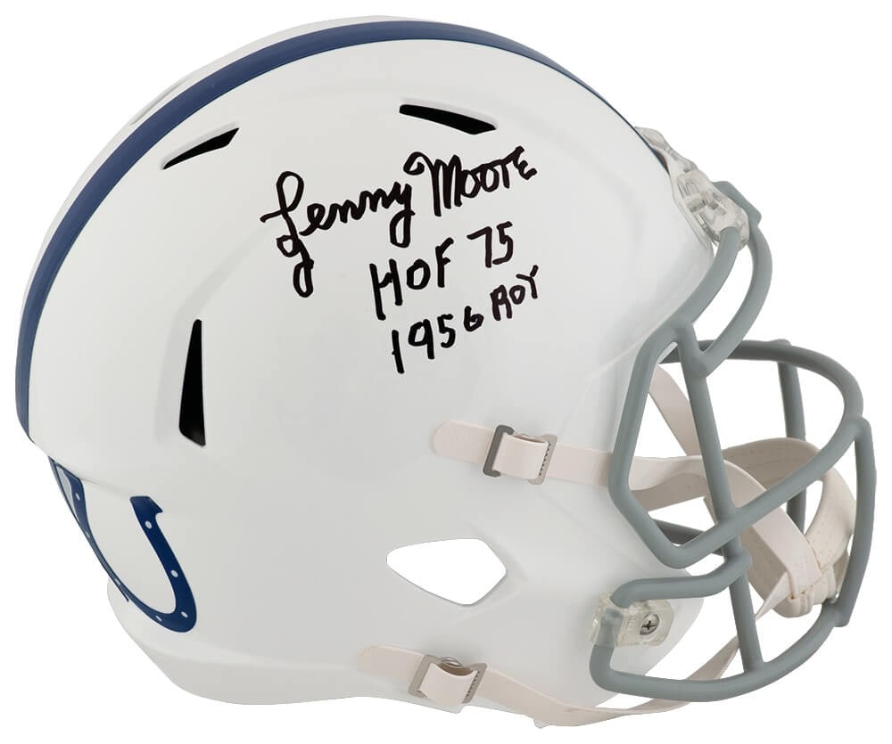 Lenny Moore Signed 1956 Colts Riddell F/S Helmet with HOF 75 ROY Inscription: Lenny Moore Signed 1956 Colts Riddell F/S Helmet with HOF 75 ROY Inscription This is a Lenny Moore signed Indianapolis Colts throwback full-size speed replica helmet, styled after the 1956 design. The