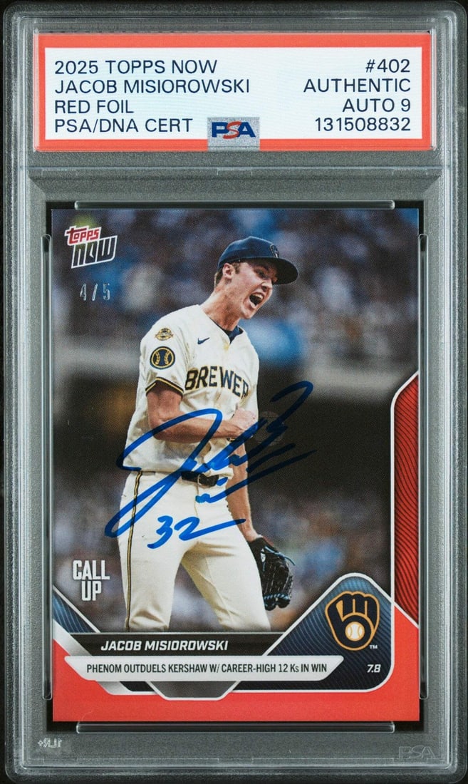 Jacob Misiorowski Rookie Red Foil Auto Card PSA 9 2025 Topps Now #402 Serial /5: Jacob Misiorowski Rookie Red Foil Auto Card PSA 9 2025 Topps Now #402 Serial /5 This is an original 2025 Topps Now Jacob Misiorowski #402 Red Foil rookie card, featuring an autograph and limited to ju