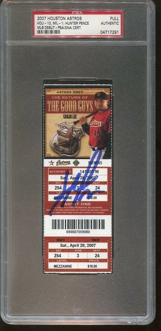 Hunter Pence Signed MLB Debut Ticket Astros vs Brewers 4/28/07 PSA: Hunter Pence Signed MLB Debut Ticket Astros vs Brewers 4/28/07 PSA This is an original game ticket from Hunter Pence's MLB debut, played on April 28, 2007, between the Brewers and the Astros. The tick