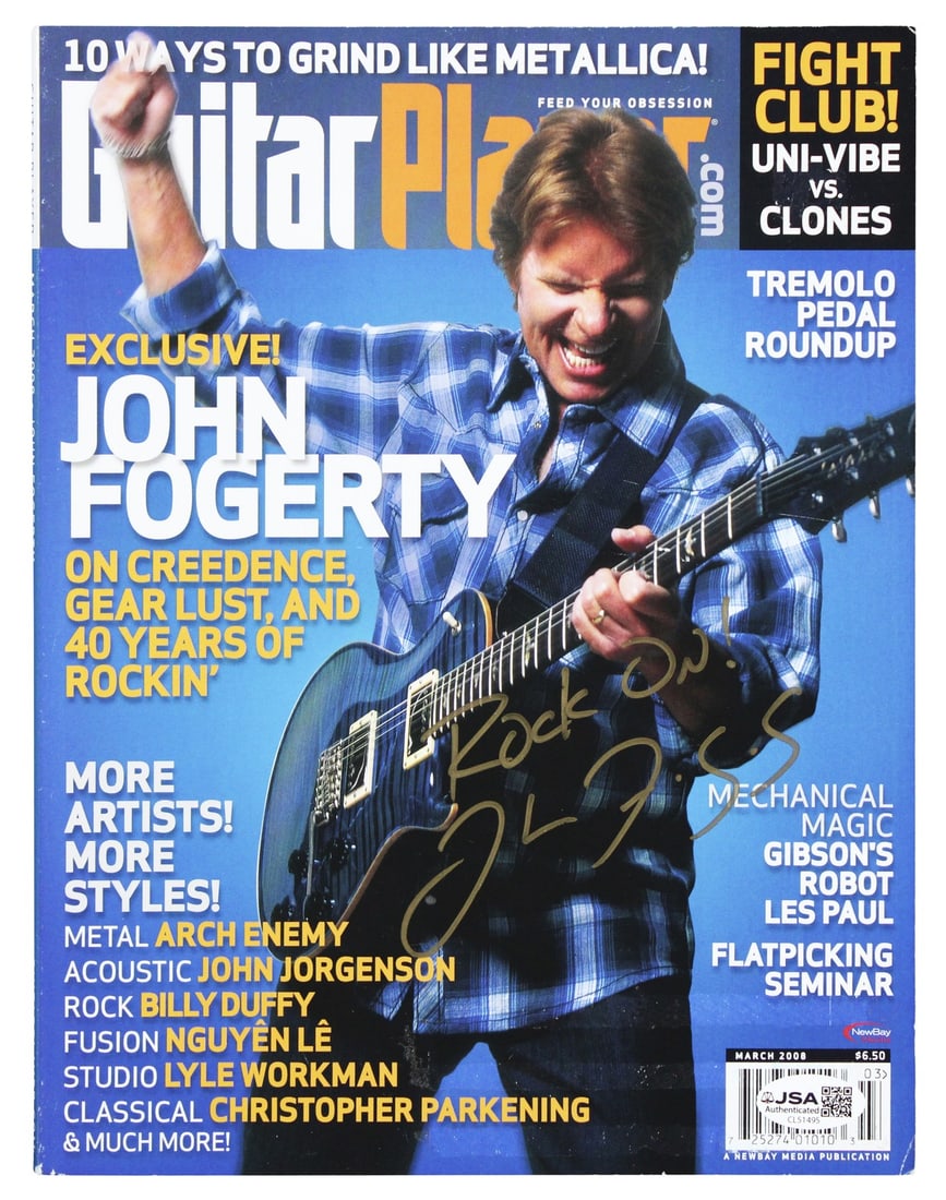 Guitar Player March 2008 Magazine Signed Rock On by John Fogerty JSA Authenticated: Guitar Player March 2008 Magazine Signed Rock On by John Fogerty JSA Authenticated This March 2008 issue of Guitar Player Magazine features an autograph and the inscription "Rock On!" personally signe