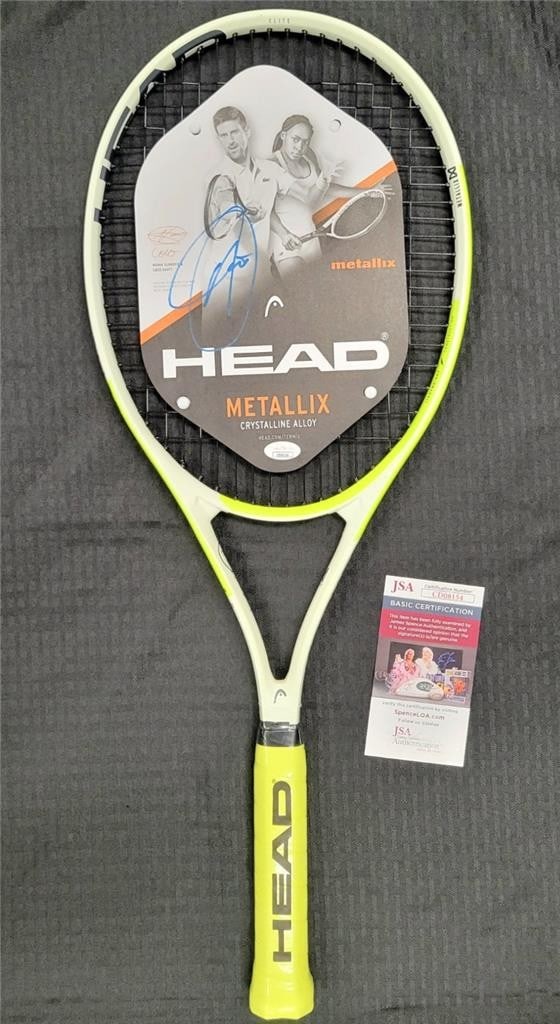 Novak Djokovic Signed Head Tennis Racquet Olympic Champion JSA COA: Novak Djokovic Signed Head Tennis Racquet Olympic Champion JSA COA This is an original tennis racquet signed by Novak Djokovic, the Olympic Champion. The racquet comes with a James Spence Authenticati