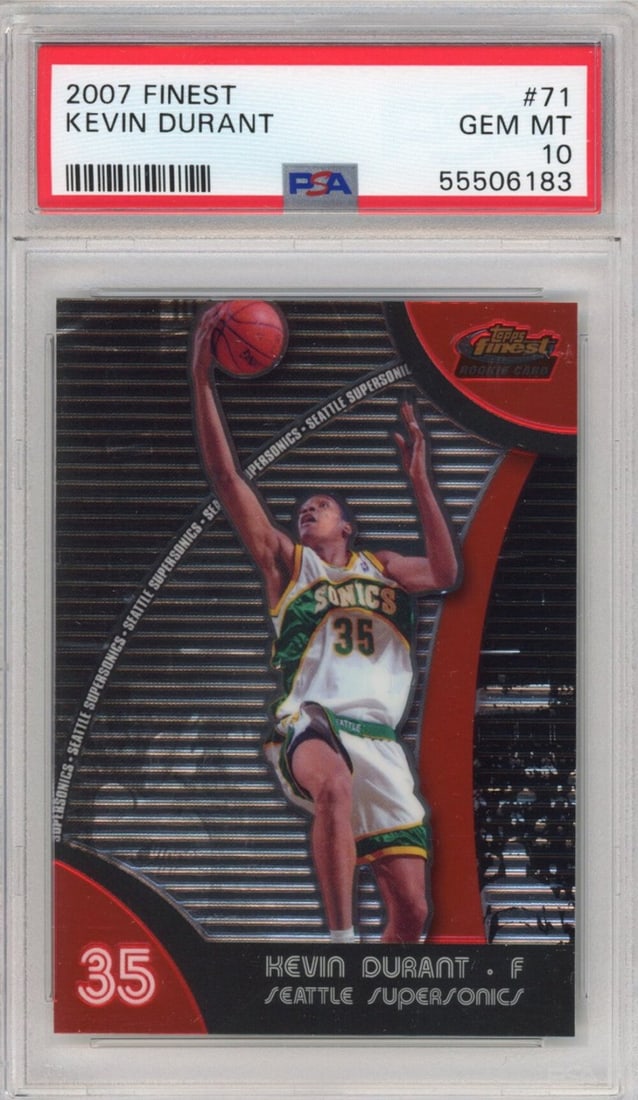 2007-08 Topps Finest Kevin Durant Rookie Card PSA 10 Seattle SuperSonics: 2007-08 Topps Finest Kevin Durant Rookie Card PSA 10 Seattle SuperSonics Presenting the 2007-08 Topps Finest Kevin Durant #71 Rookie Basketball Card, graded PSA 10. This original card features the tal