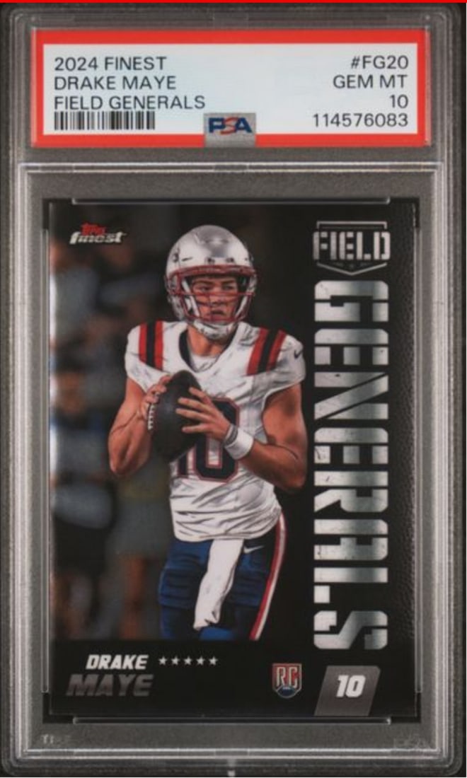 PSA 10 2024 Field Generals Rookie Card Drake Maye Topps Finest #FG20: PSA 10 2024 Field Generals Rookie Card Drake Maye Topps Finest #FG20 This is a 2024 Topps Finest Drake Maye #FG20 Field Generals Rookie RC card, professionally graded and encapsulated by Professional