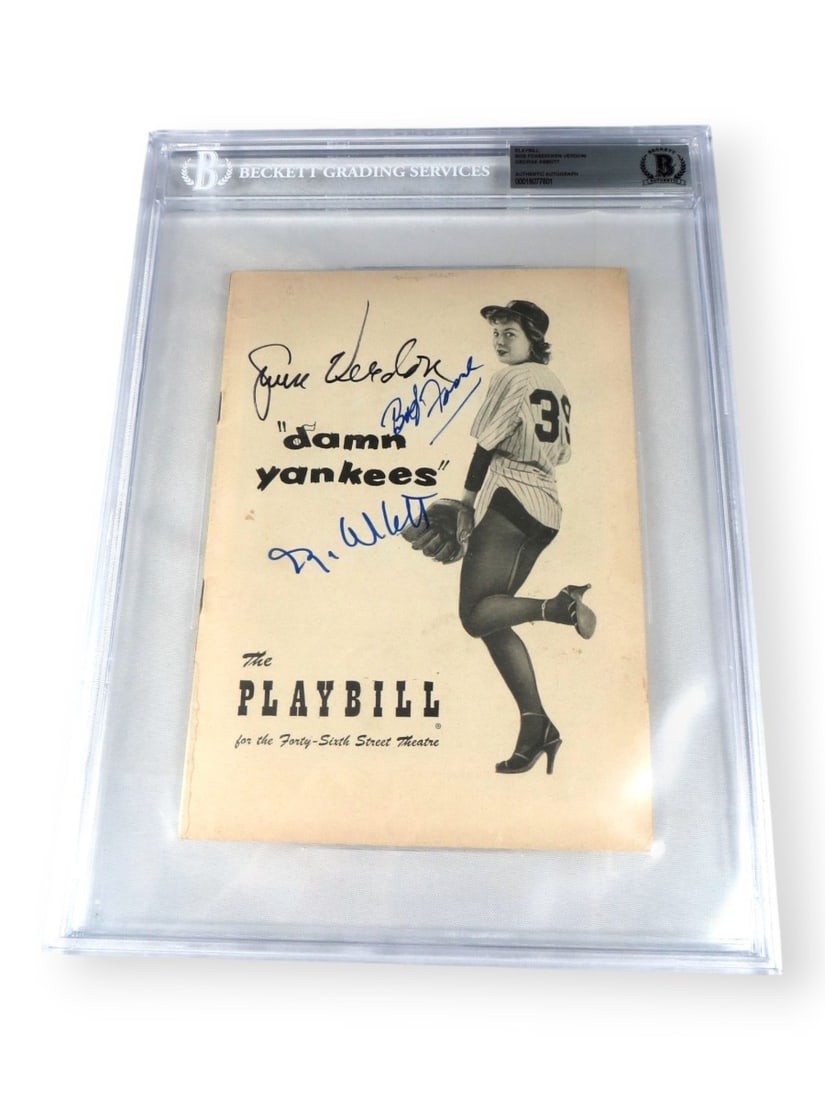 Bob Fosse Gwen Verdon George Abbott Signed Playbill Damn Yankees Beckett Authenticated: Bob Fosse Gwen Verdon George Abbott Signed Playbill Damn Yankees Beckett Authenticated This is an original playbill for the classic musical 'Damn Yankees,' featuring the signatures of legendary figure