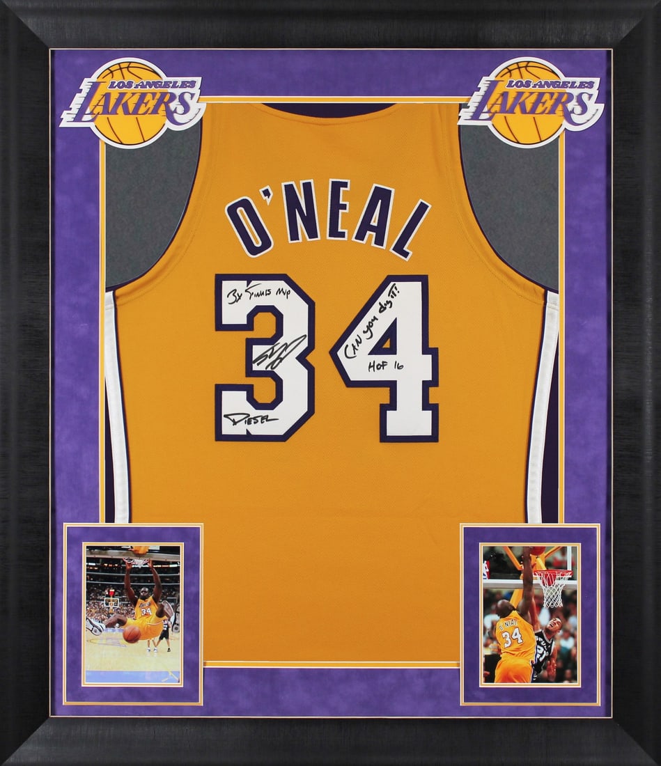 Shaquille O'Neal Signed Yellow Lakers Framed Jersey with Inscriptions BAS Authenticated (1 of 2)