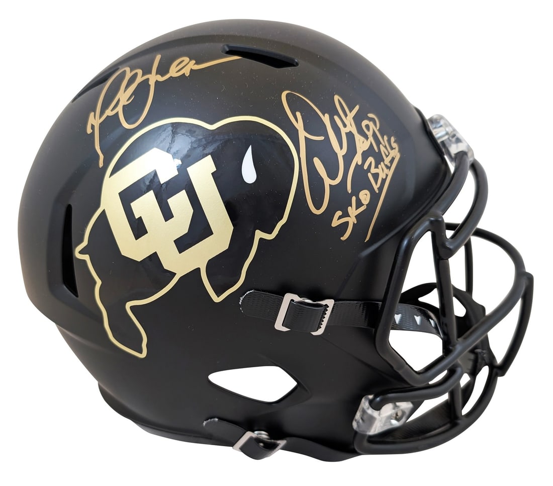Warren Sapp Marshall Faulk Signed Colorado Buffaloes Helmet BAS Authenticated: Warren Sapp Marshall Faulk Signed Colorado Buffaloes Helmet BAS Authenticated This authentic black Riddell full-size Speed replica helmet features the signatures of NFL legends Warren Sapp and Marshal