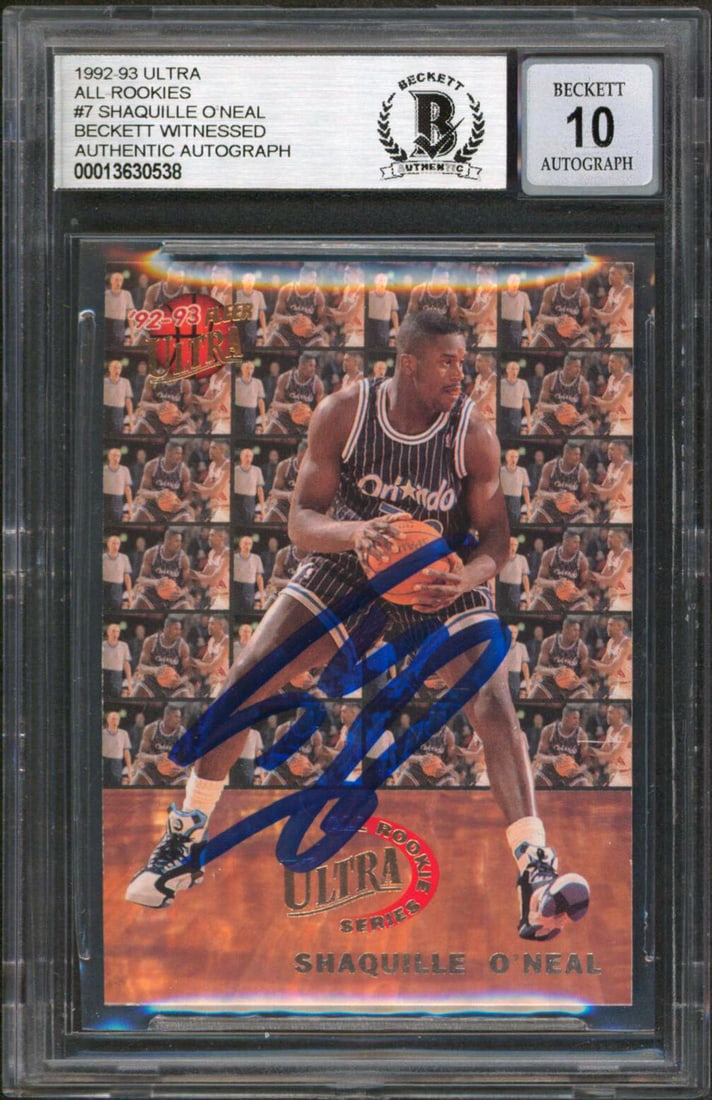 Shaquille O'Neal Signed 1992 Ultra All-Rookies #7 Card Gem Mint 10 Beckett: Shaquille O'Neal Signed 1992 Ultra All-Rookies #7 Card Gem Mint 10 Beckett This 1992 Ultra All-Rookies #7 card features a bold autograph from Shaquille O'Neal, the legendary center of the Orlando Magi