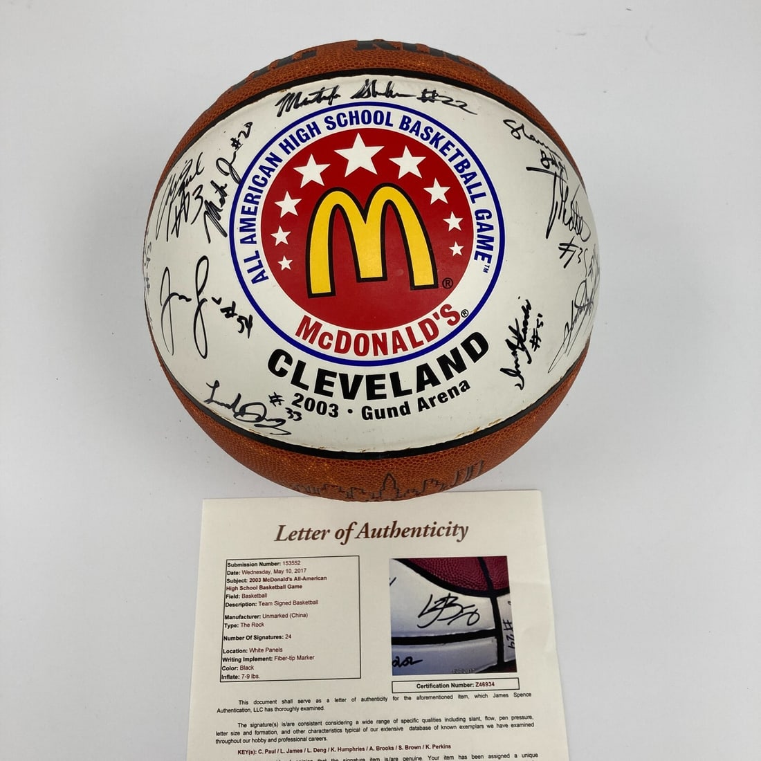 LeBron James Signed 2003 All American High School Basketball JSA Authenticated: LeBron James Signed 2003 All American High School Basketball JSA Authenticated Celebrate basketball history with this autographed basketball featuring 24 signatures from the 2003 McDonald's All