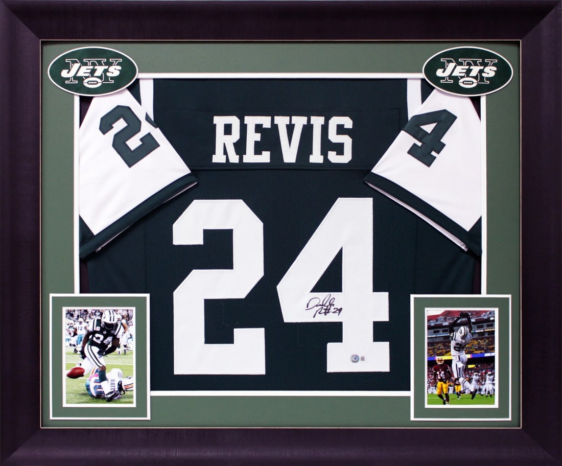 Darrelle Revis Signed Green Pro Style Jersey Framed BAS Authentic: Darrelle Revis Signed Green Pro Style Jersey Framed BAS Authentic Celebrate the legacy of Darrelle Revis with this authentic signed green pro style framed jersey from the New York Jets. Personally