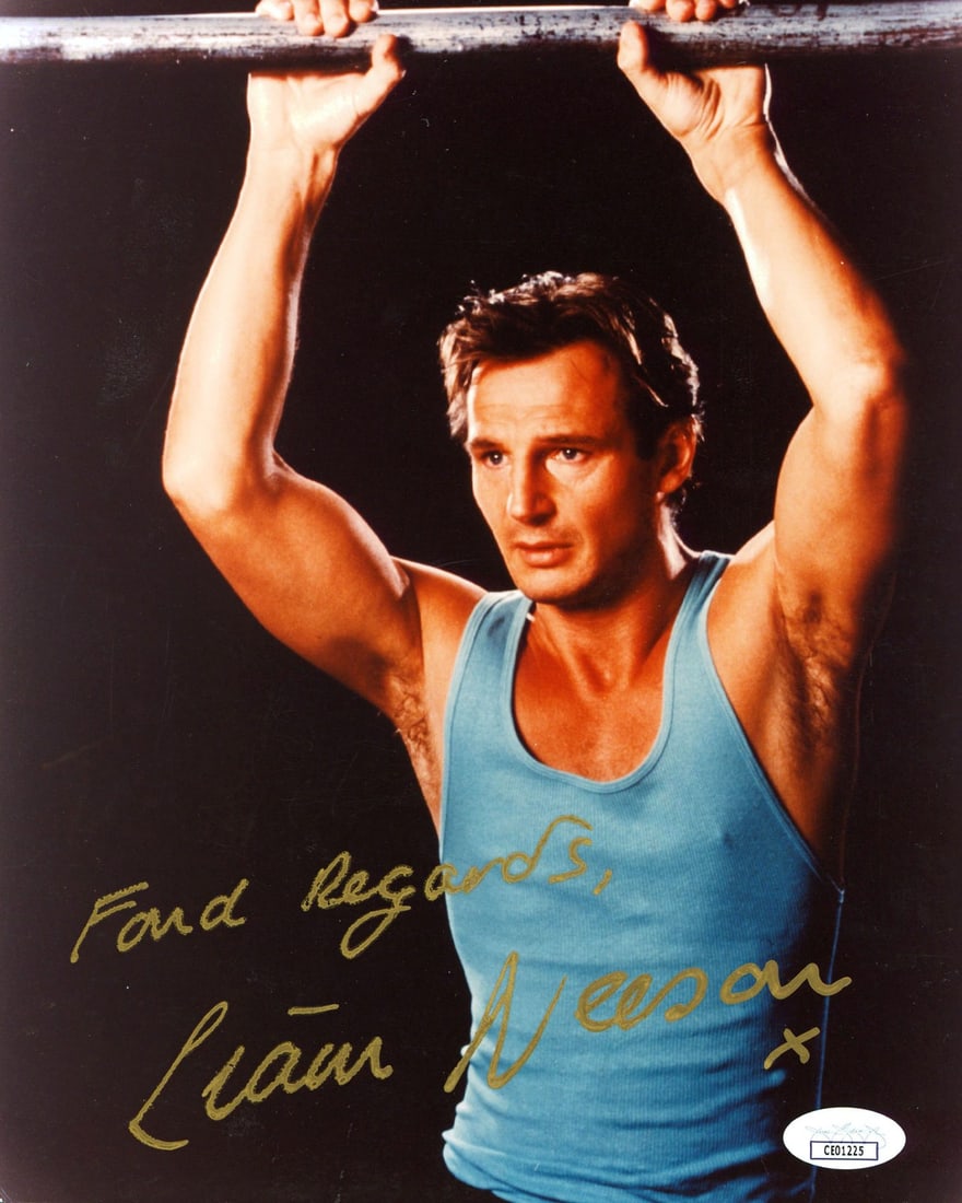 Liam Neeson Signed 8x10 Photo Crossing The Line JSA COA Fond Regards: Liam Neeson Signed 8x10 Photo Crossing The Line JSA COA Fond Regards This stunning vertical 8x10 photograph features Liam Neeson, personally signed with the inscription "Fond Regards." The photo is pa
