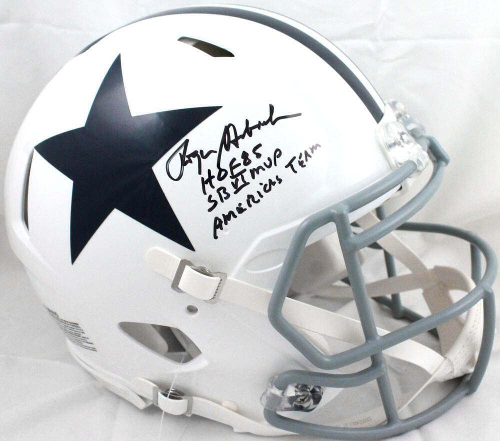 Dallas Cowboys Full Size Speed Helmet Signed by Roger Staubach Beckett Authenticated: Dallas Cowboys Full Size Speed Helmet Signed by Roger Staubach Beckett Authenticated This is an original Dallas Cowboys full-size 1960-63 Speed Authentic helmet signed by Roger Staubach. The helmet fe