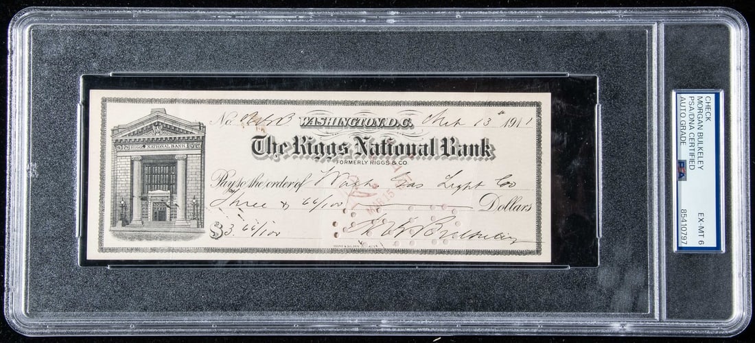 1911 Riggs Bank Check Signed by Morgan Bulkeley With PSA DNA Authentication (1 of 2)
