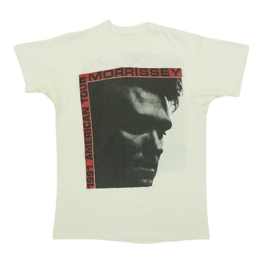 Vintage 1991 Morrissey American Tour White Cotton T-Shirt: Vintage 1991 Morrissey American Tour White Cotton T-Shirt This is an original vintage 1991 Morrissey American Tour shirt featuring both front and back graphics. Made from 100% cotton and presented in
