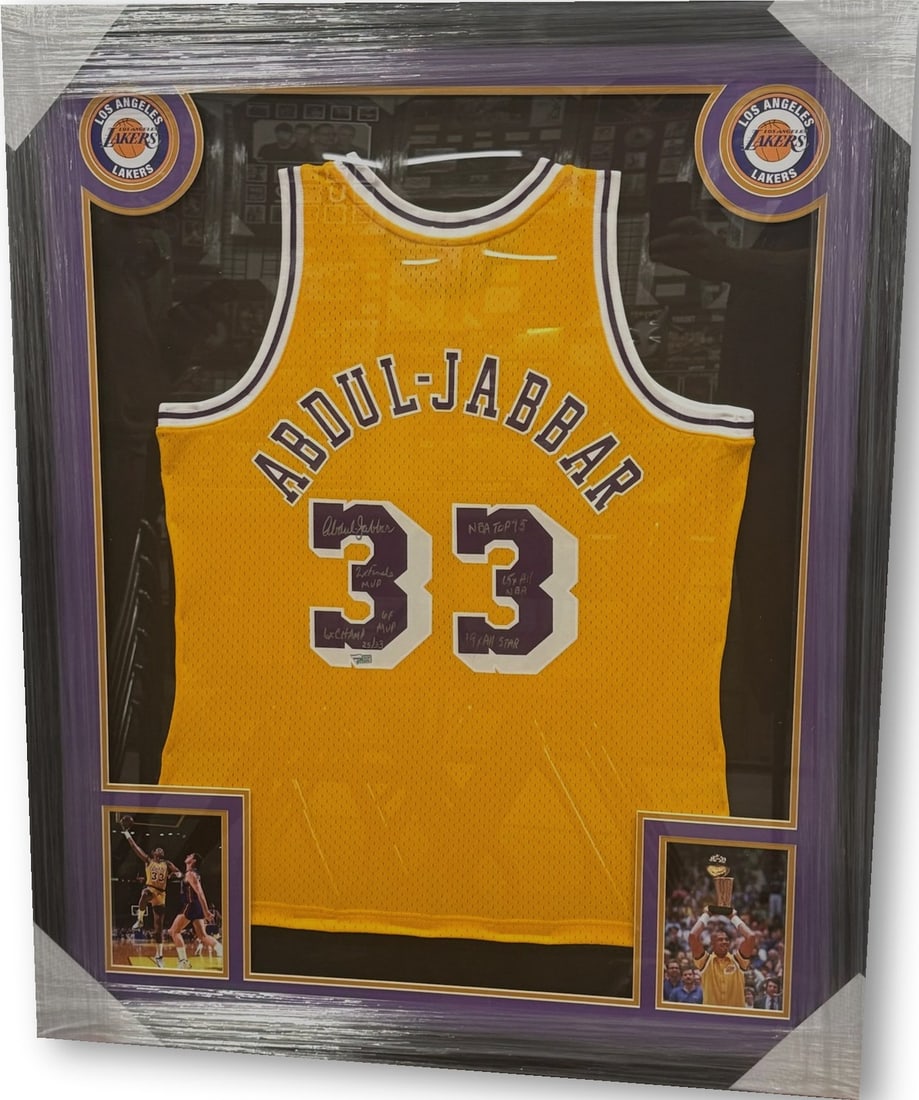Kareem Abdul-Jabbar Signed Jersey Limited Edition 23/33 Fanatics Authentic: Kareem Abdul-Jabbar Signed Jersey Limited Edition 23/33 Fanatics Authentic Celebrate the legacy of basketball icon Kareem Abdul-Jabbar with this autographed framed stat jersey. This original piece sho