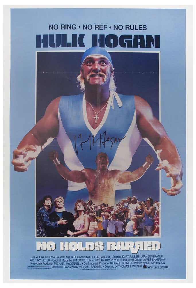 Hulk Hogan Signed No Holds Barred 27x40 Movie Poster with COA: Hulk Hogan Signed No Holds Barred 27x40 Movie Poster with COA Celebrate the legacy of professional wrestling with this authentic, full-size movie poster from Hulk Hogan's iconic film 'No Holds Barred.
