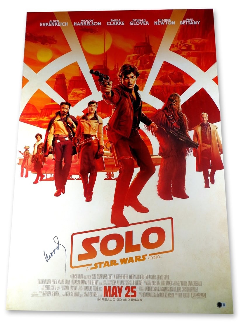 Woody Harrelson Autographed 27X40 Poster Solo A Star Wars Story Beckett Authenticated: Woody Harrelson Autographed 27X40 Poster Solo A Star Wars Story Beckett Authenticated This is an original 27X40 poster from the film 'Solo: A Star Wars Story,' autographed by Woody Harrelson. The auto