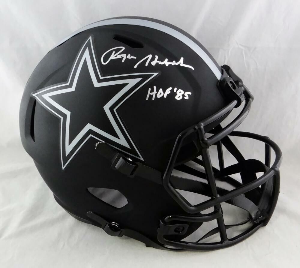 Dallas Cowboys Eclipse Speed Helmet signed by Roger Staubach Beckett authenticated: Dallas Cowboys Eclipse Speed Helmet signed by Roger Staubach Beckett authenticated This is an original Dallas Cowboys full-size Eclipse Speed helmet signed by Roger Staubach. The helmet features Staub