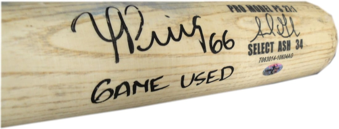 Yasiel Puig Game Used Bat Dodgers AG Model Signed 2014: Yasiel Puig Game Used Bat Dodgers AG Model Signed 2014 This is a game-used Trinity bat from Yasiel Puig, a prominent player for the Los Angeles Dodgers. The bat is hand-signed by Puig on August 26th,