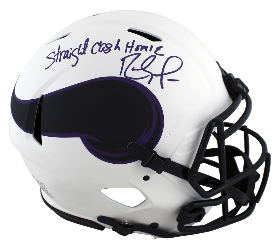 Randy Moss Signed Vikings Lunar Full Size Helmet with BAS Authentication: Randy Moss Signed Vikings Lunar Full Size Helmet with BAS Authentication This authentic full-size Speed Proline helmet, featuring the iconic Minnesota Vikings design, has been personally signed by leg