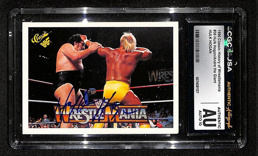 Hulk Hogan Autographed 1990 Classic Wrestlemania Card #36 GEM MINT 10 JSA: Hulk Hogan Autographed 1990 Classic Wrestlemania Card #36 GEM MINT 10 JSA This is an original Hulk Hogan signed 1990 Classic Wrestlemania Card #36, featuring the iconic wrestling superstar. The autogr