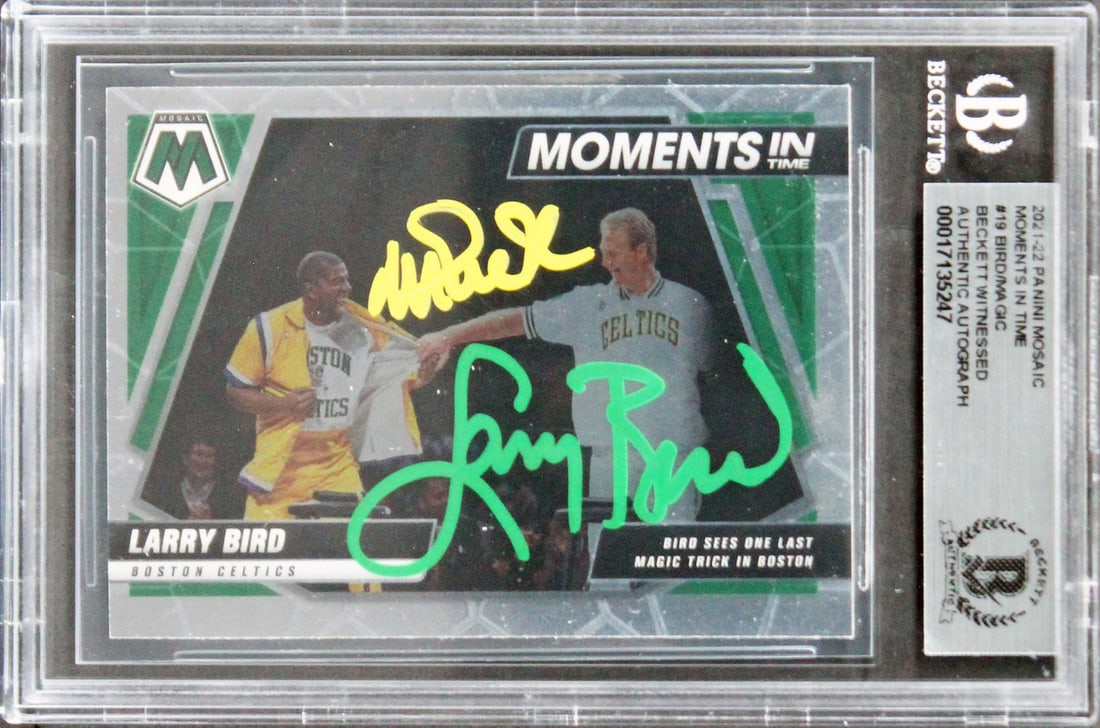 Magic Johnson Larry Bird Signed 2021 Panini Mosaic Card BAS Slabbed: Magic Johnson Larry Bird Signed 2021 Panini Mosaic Card BAS Slabbed This 2021 Panini Mosaic Moments In Time #19 Card features the iconic signatures of basketball legends Magic Johnson and Larry Bird.
