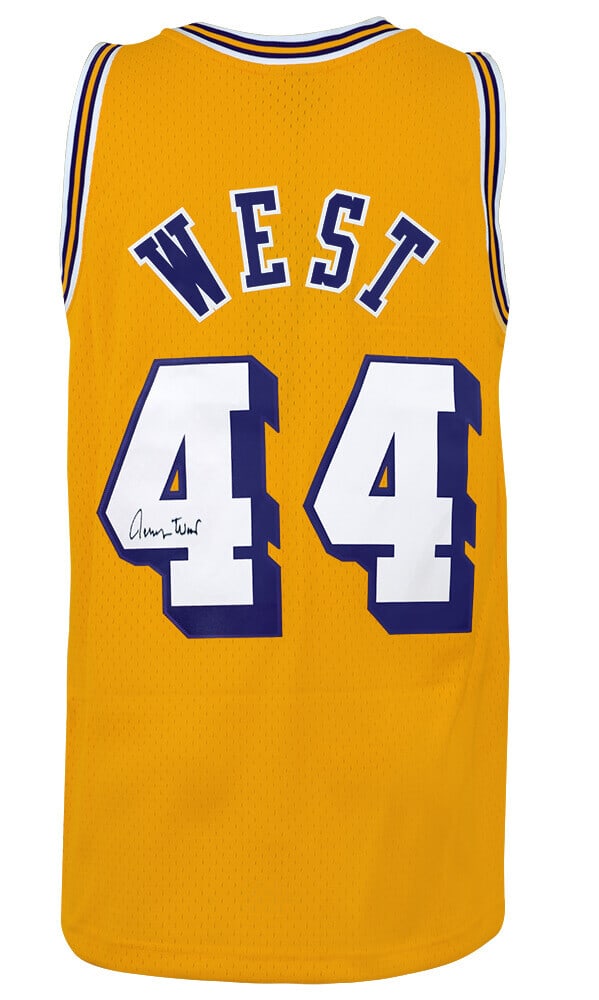 Jerry West Signed Lakers Gold 71-72 Mitchell & Ness Jersey with COA: Jerry West Signed Lakers Gold 71-72 Mitchell & Ness Jersey with COA This is a signed Los Angeles Lakers gold basketball jersey, representing the iconic 1971-72 style, by Jerry West. Made by Mitchell &