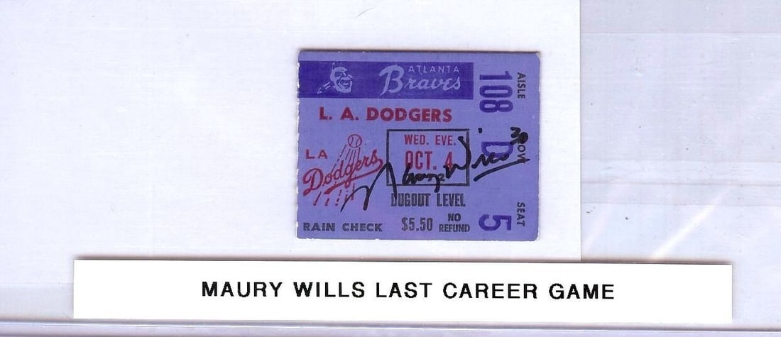Maury Wills Autographed Ticket Stub Last Dodgers Game 10/4/72 JSA Certified: Maury Wills Autographed Ticket Stub Last Dodgers Game 10/4/72 JSA Certified Celebrate the legacy of baseball with this Maury Wills signed autograph ticket stub from his last game on October 4, 1972.