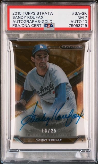 2015 Topps Strata Gold Sandy Koufax Autographed Card PSA 10 Auto 7 #SA-SK 13/25: 2015 Topps Strata Gold Sandy Koufax Autographed Card PSA 10 Auto 7 #SA-SK 13/25 This is a 2015 Topps Strata Gold autographed card of Sandy Koufax, a legendary MLB player known for his time with the