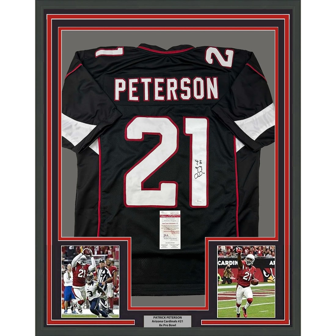 Framed Signed Patrick Peterson Arizona Cardinals Jersey JSA COA: Framed Signed Patrick Peterson Arizona Cardinals Jersey JSA COA This professionally framed and matted display features an autographed Patrick Peterson Arizona Cardinals black jersey. The item comes