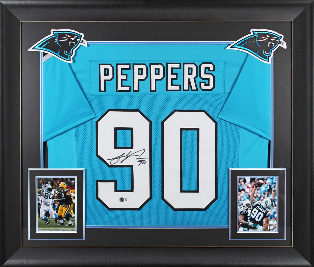 Julius Peppers Signed Blue Pro Style Framed Jersey BAS Witnessed Carolina Panthers: Julius Peppers Signed Blue Pro Style Framed Jersey BAS Witnessed Carolina Panthers Celebrate your passion for football with this authentic, signed blue pro style framed jersey by Julius Peppers, a leg