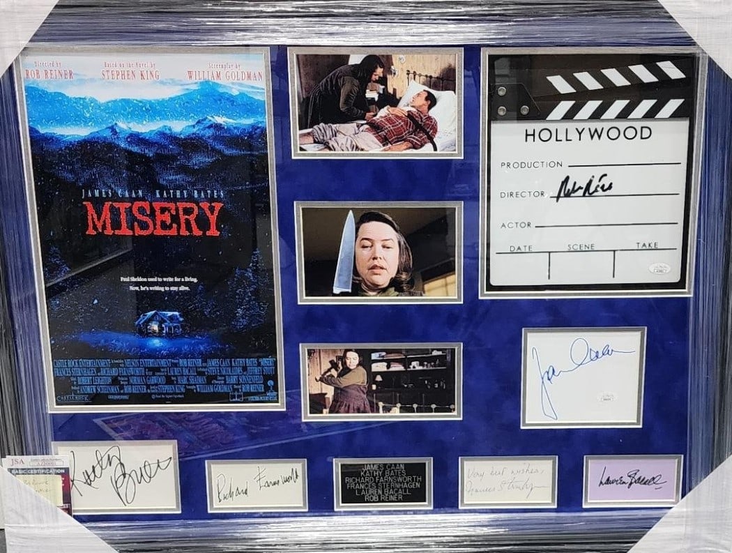 Misery Framed Autographed Cast Photo JSA Authenticated James Caan Kathy Bates +5: Misery Framed Autographed Cast Photo JSA Authenticated James Caan Kathy Bates +5 This unique framed piece features autographs from the iconic cast of the movie "Misery," including James Caan, Kathy Ba