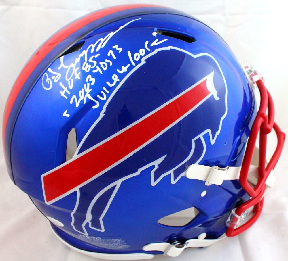 OJ Simpson Autographed Buffalo Bills Full Size Helmet with 3 Inscriptions JSA: OJ Simpson Autographed Buffalo Bills Full Size Helmet with 3 Inscriptions JSA This is an original Buffalo Bills full-size Flash Speed helmet autographed by O.J. Simpson. The helmet features three insc