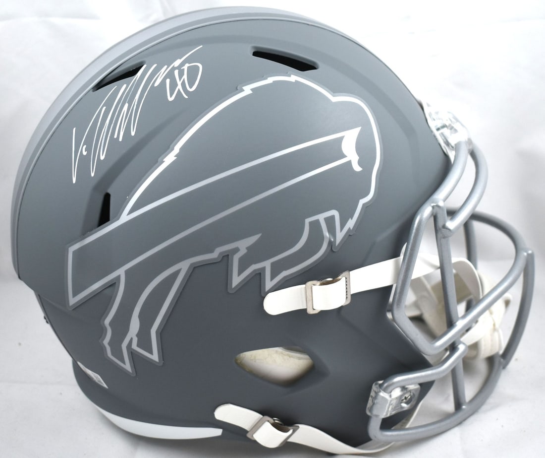 Buffalo Bills Full Size Speed Helmet Signed by Von Miller Beckett W Authenticated: Buffalo Bills Full Size Speed Helmet Signed by Von Miller Beckett W Authenticated This full-size Slate Speed helmet features the signature of Von Miller, representing the Buffalo Bills. The helmet is
