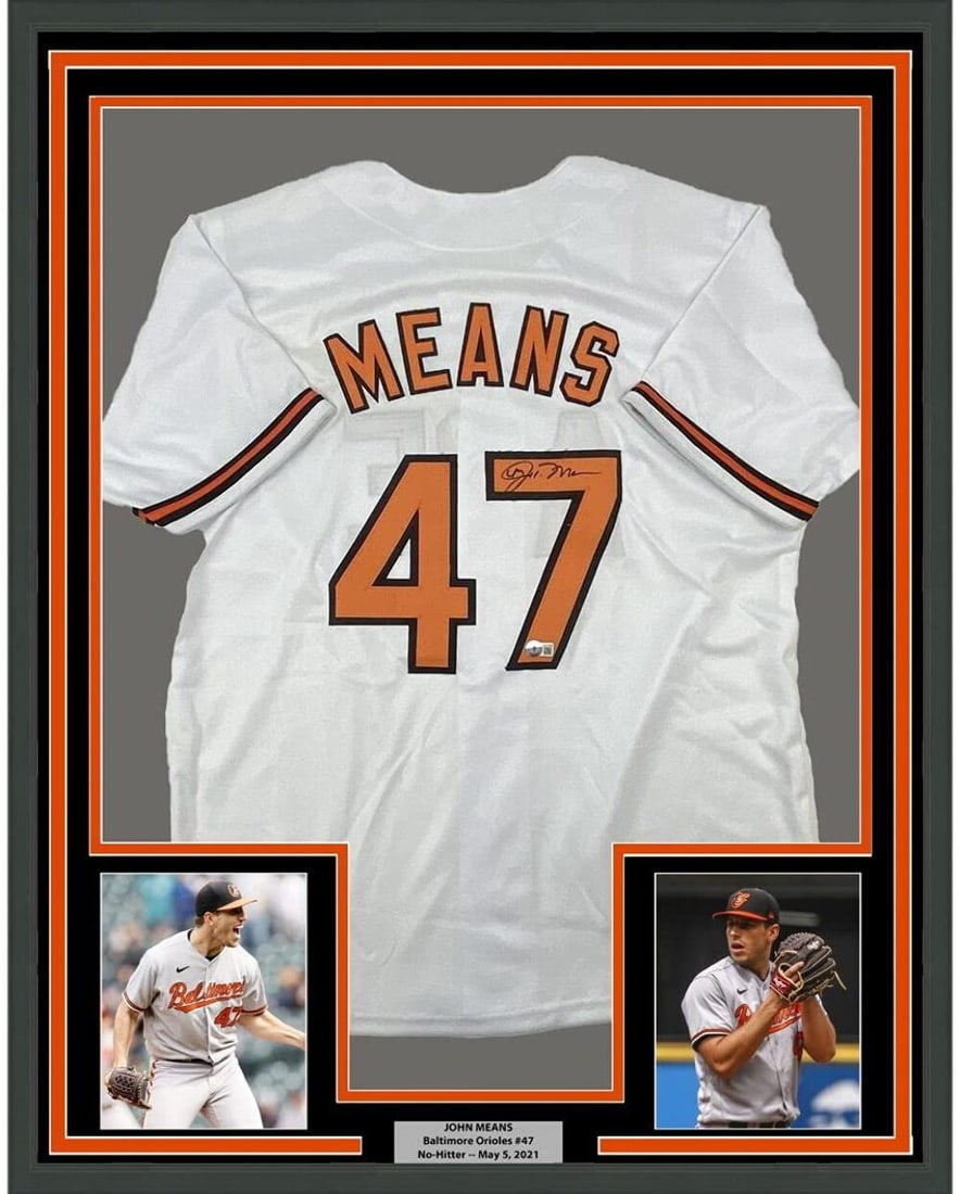 Framed John Means Autographed Jersey 33x42 Baltimore Orioles Beckett COA: Framed John Means Autographed Jersey 33x42 Baltimore Orioles Beckett COA This professionally framed and matted jersey features an autographed white jersey of MLB player John Means, showcasing his sign