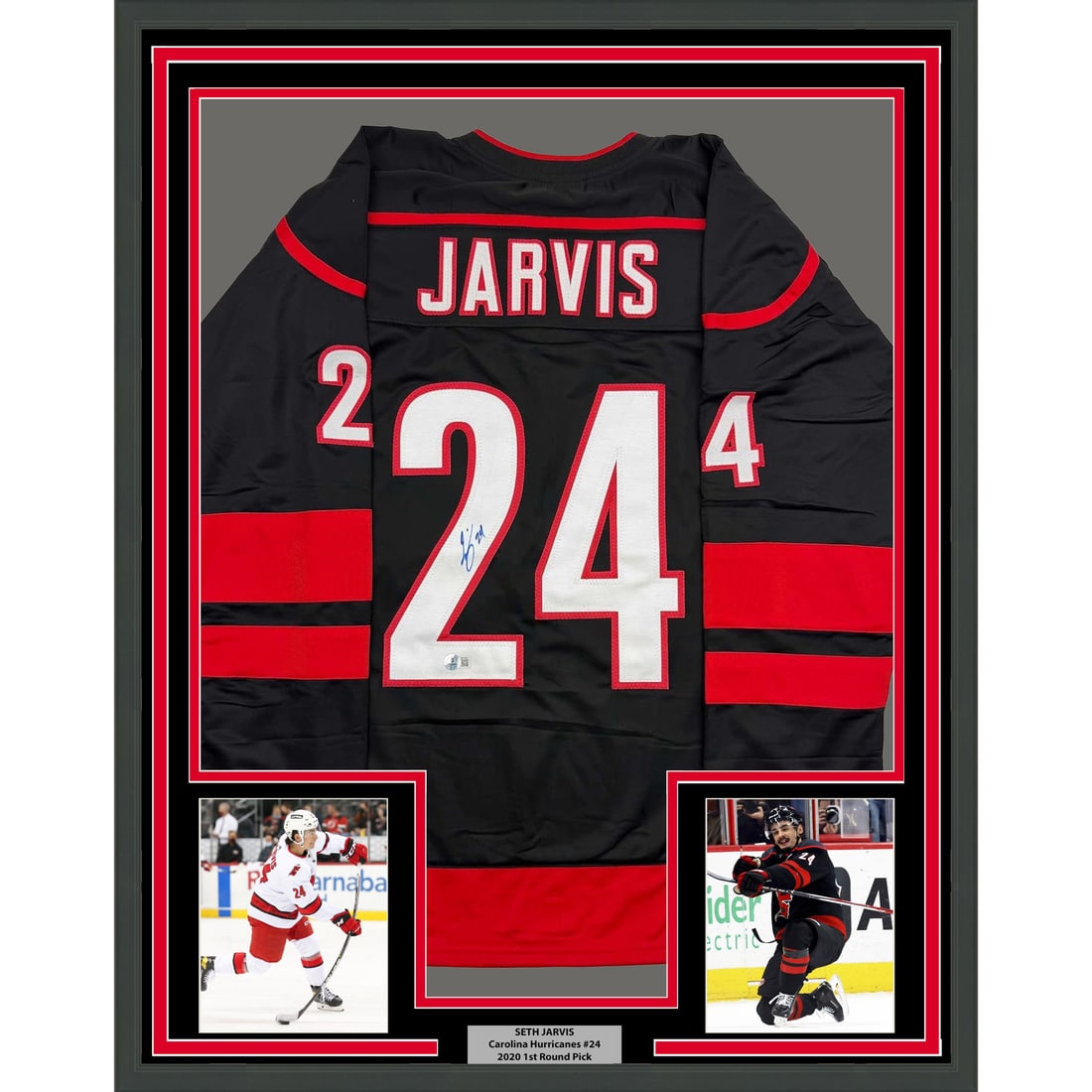 Seth Jarvis Signed Carolina Hurricanes Framed 35x39 Jersey With JSA Authentication: Seth Jarvis Signed Carolina Hurricanes Framed 35x39 Jersey With JSA Authentication This professionally framed and matted Carolina Hurricanes black hockey jersey features the authentic signature of Set
