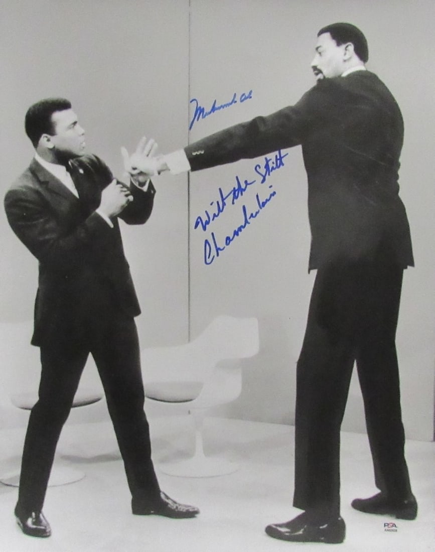 16x20 Photograph Signed by Muhammad Ali and Wilt Chamberlain PSA 9: 16x20 Photograph Signed by Muhammad Ali and Wilt Chamberlain PSA 9 This 16"x20" black and white photograph features the autographs of both Muhammad Ali and Wilt Chamberlain. Each signature is marked i