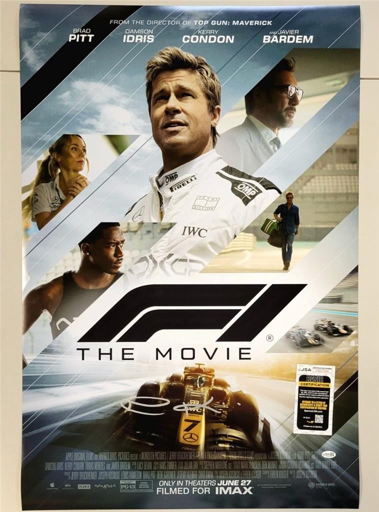 F1 The Movie Poster 27x40 Signed by Joseph Kosinski JSA Authenticated: F1 The Movie Poster 27x40 Signed by Joseph Kosinski JSA Authenticated This is an original F1: The Movie poster measuring 27x40 inches, personally autographed by Joseph Kosinski. The autograph has been