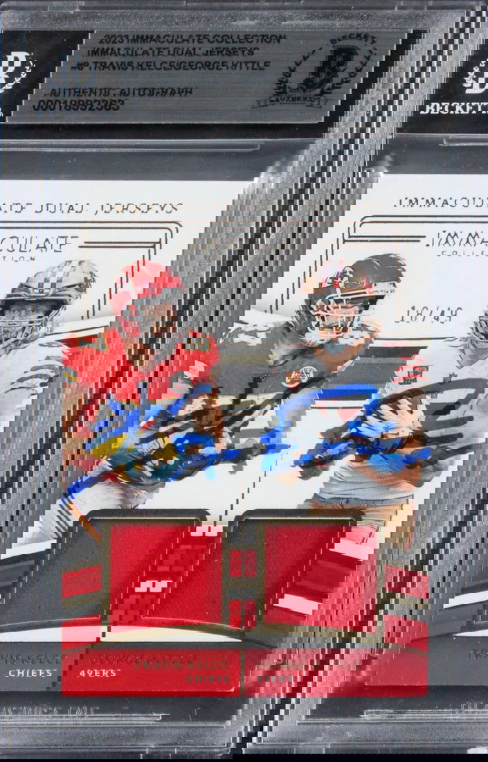 Travis Kelce George Kittle Dual Signed 2023 Immaculate #8 Card Beckett Authenticated: Travis Kelce George Kittle Dual Signed 2023 Immaculate #8 Card Beckett Authenticated This 2023 Immaculate Collection Dual Jerseys #8 card, serial numbered 18/49, features authentic signatures from Tra